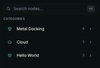 The real Salpa node library after installing from the Hub: Metal Docking (6 nodes), Cloud (5), Hello World (3)